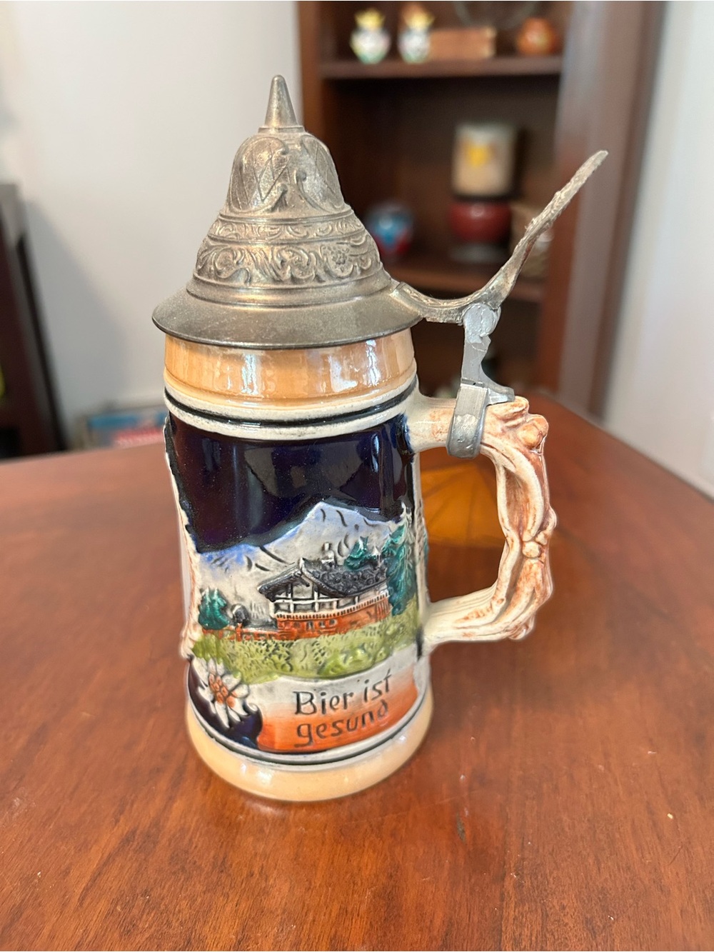 Vintage German Ceramic Beer Stein with Pewter Lid
